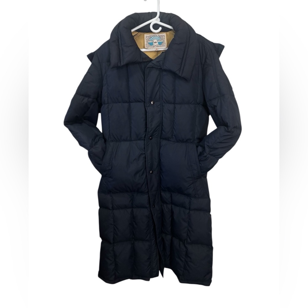 Cozy Struggle Gear Blue and Yellow Long Puffer Coat w/ Detachable Hood | Size M